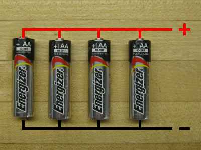 Figure 2) Batteries in parallel - The capacity is extended four times that of a single cell. The voltage is the same as for one battery.