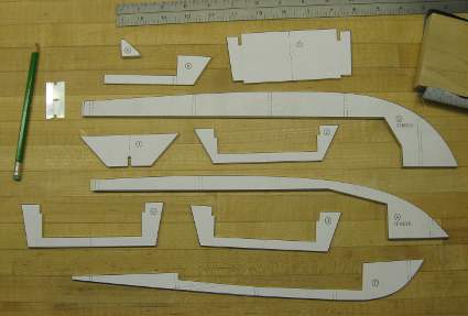 all parts for the rc boat hull with templates still attached